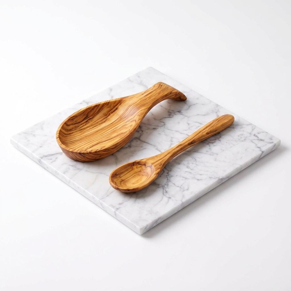 Repose-cuillère et cuillère de 25 cm en bois d’olivier — vue studio