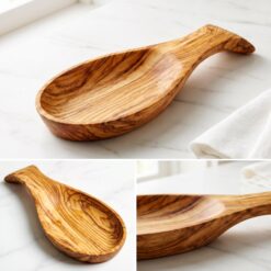 Détails du repose-cuillère en bois d’olivier — trois vues