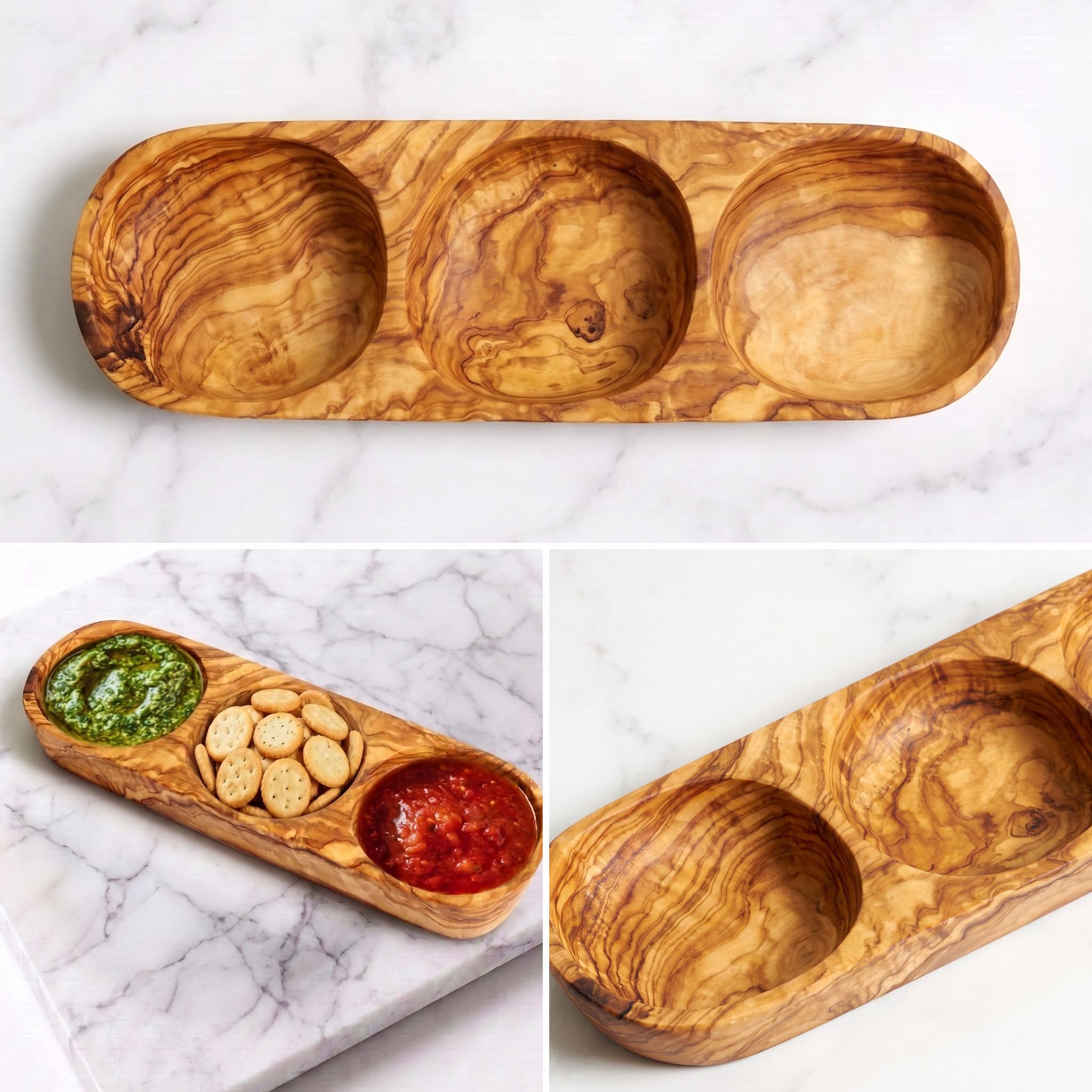Plat apéritif à trois compartiments en bois d’olivier du coffret