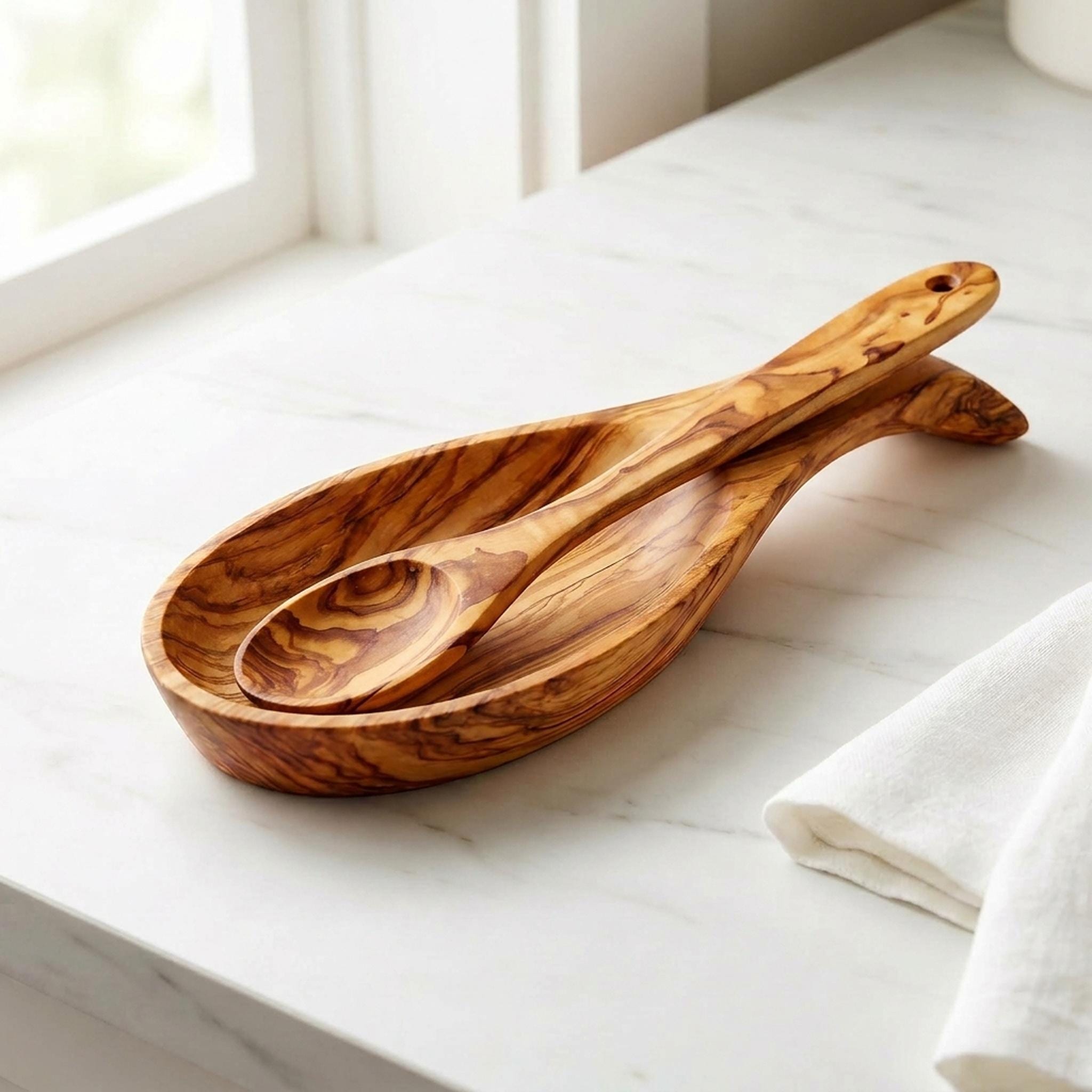 Repose-cuillère et cuillère de 25 cm en bois d’olivier — ambiance cuisine