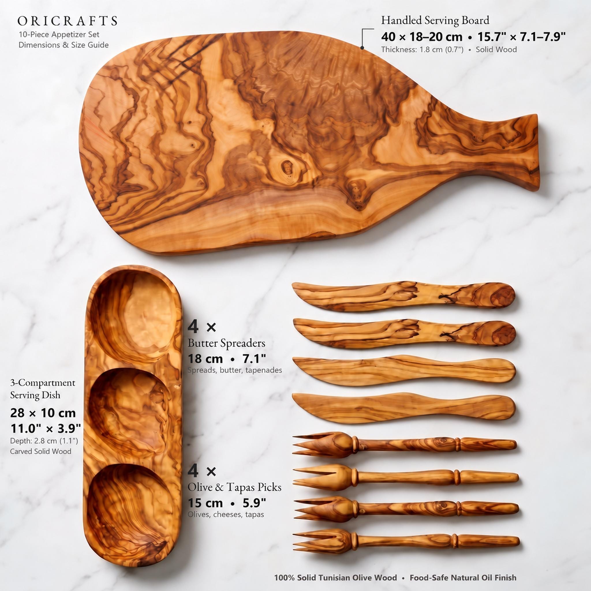 Dimensions du coffret : planche de 40 cm, plat de 28 cm, tartineurs de 18 cm et pics de 15 cm