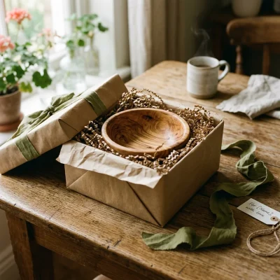 Bol en bois d’olivier présenté dans un coffret cadeau en papier kraft