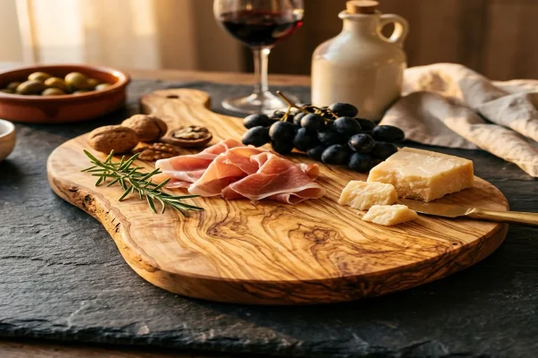Planche de service en bois d’olivier garnie de charcuterie, raisins et fromage
